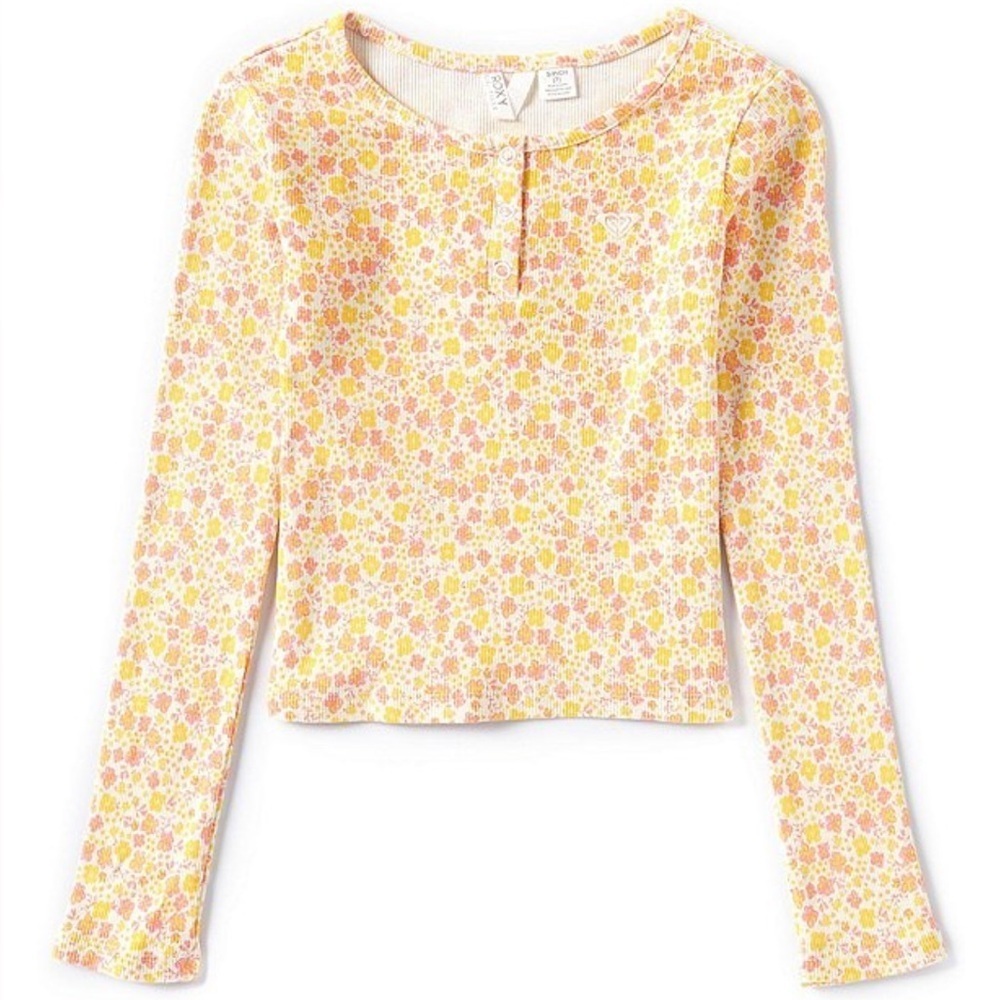 Roxy Floral Yellow Pink Henley Long Sleeve Top Girls XL 16 NWT